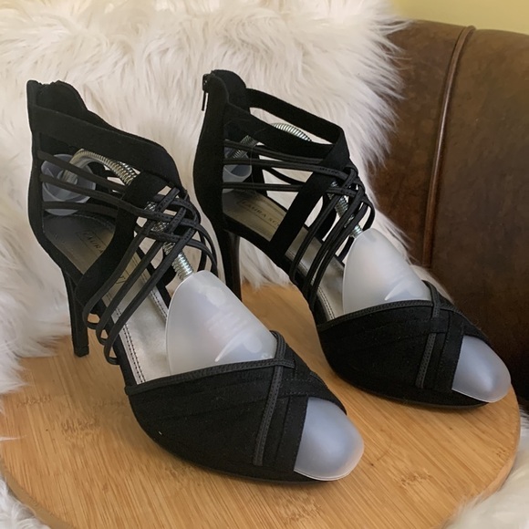 Laura Scott | Black Zipper Strappy Slip On Peep Toe Heels 10M NWOT - Picture 4 of 16